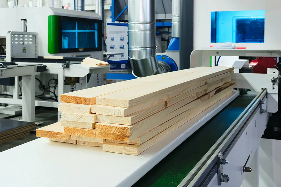 Stack of lumber on conveyor